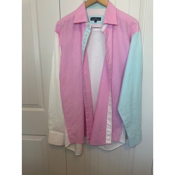 Bertigo Mens Colorblock Button-Up Shirt Pink/Blue/White Cotton S - Picture 2 of 10